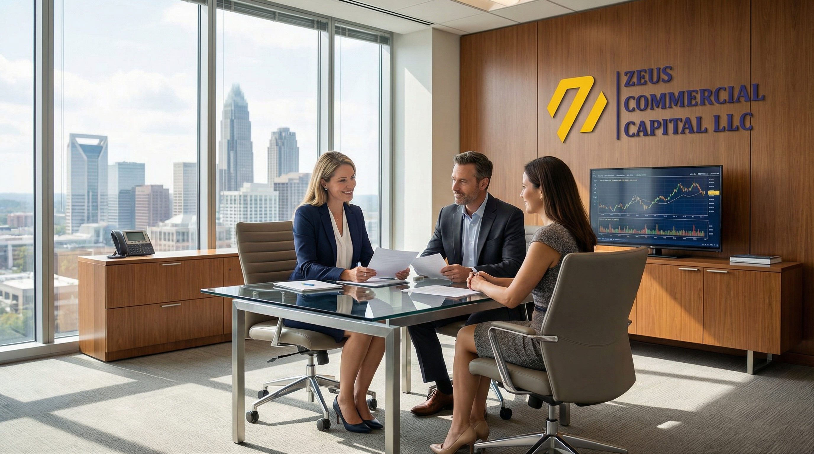 Zeus Commercial Capital team collaborating in modern Charlotte office with city skyline view - professional commercial lending experts reviewing business purpose HELOC applications